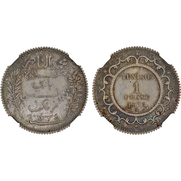 TUNISIA: Muhammad V, 1906-1922, AR franc, 1915/AH1334, NGC MS66