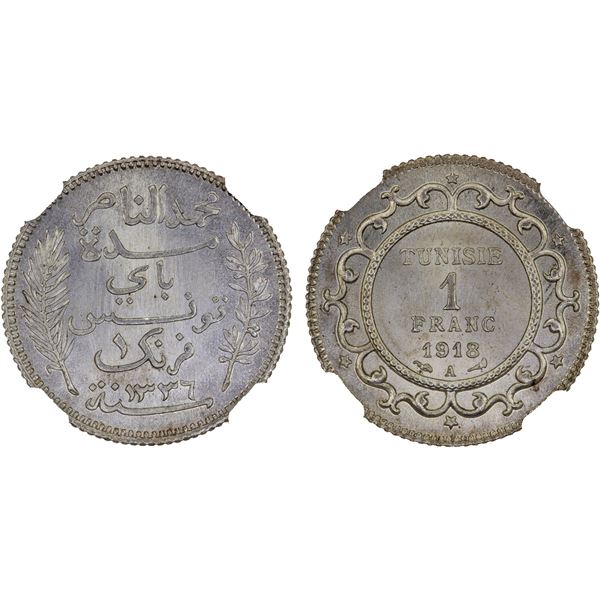 TUNISIA: Muhammad V, 1906-1922, AR franc, 1918/AH1336, NGC MS67