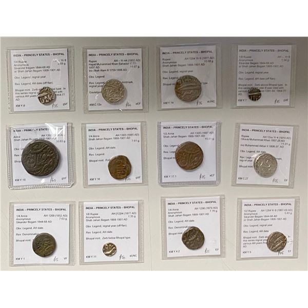 BHOPAL: LOT of 5 copper & 7 silver coins