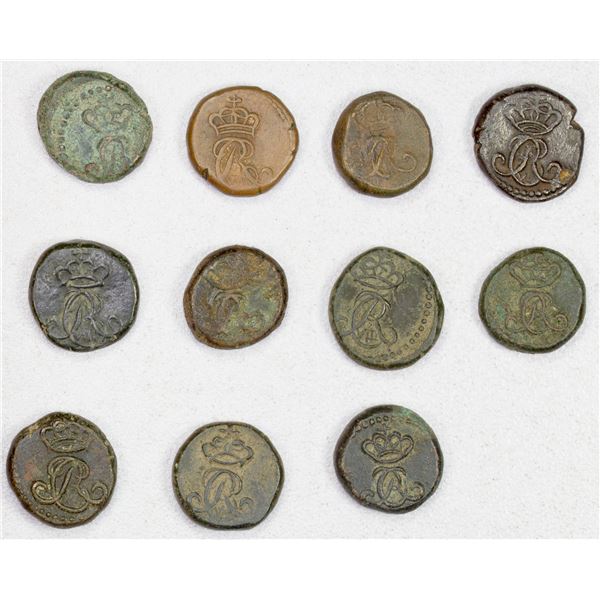 DANISH INDIA: TRANQUEBAR: Christian VIII, 1839-1848, LOT of 11 AE 4 kas