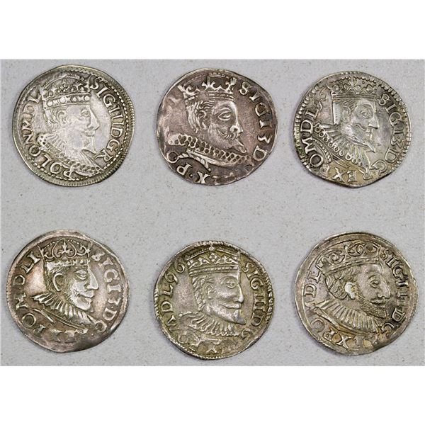 POLAND: Sigismund III, 1587-1632, LOT of 6 AR 3 groschen