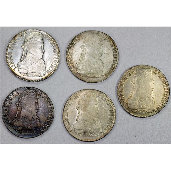 BOLIVIA: Republic, LOT of 5 AR 8 soles
