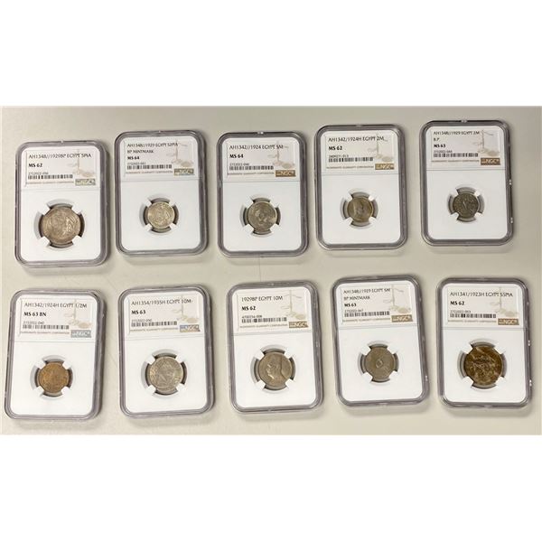 EGYPT: Fuad I, king, 1922-1936, LOT of 10 slabbed coins