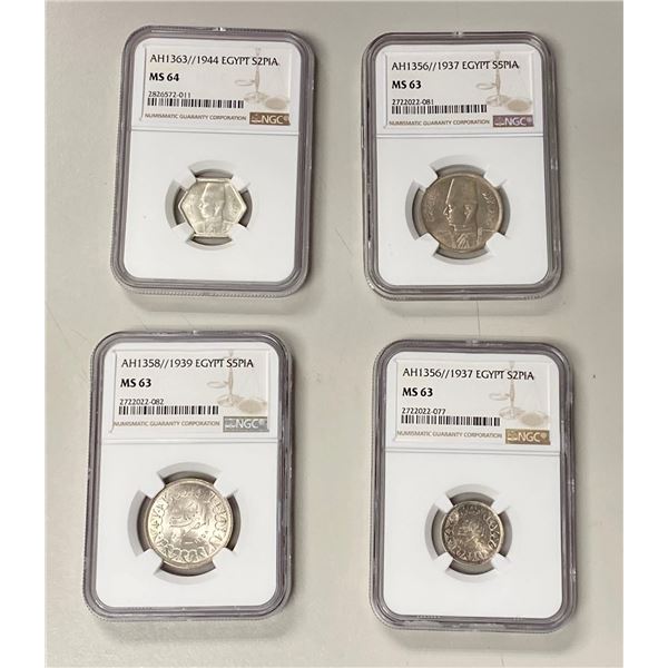 EGYPT: Farouk, 1936-1952, LOT of 4 slabbed silver coins