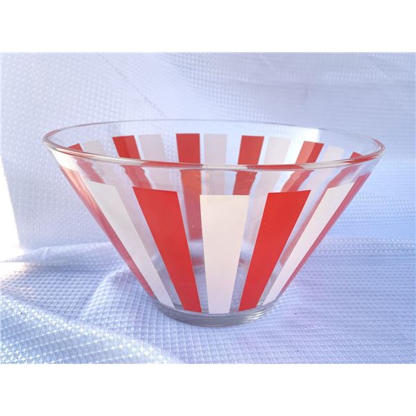 RETRO Mid Century Orange & White Vertical Striped Large Glass Serving Bowl 6" Height