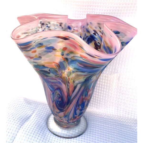 Signed Arte Vargas Lettuce Vase, Arte Vargas, Purple SWIRL Carnival Glass