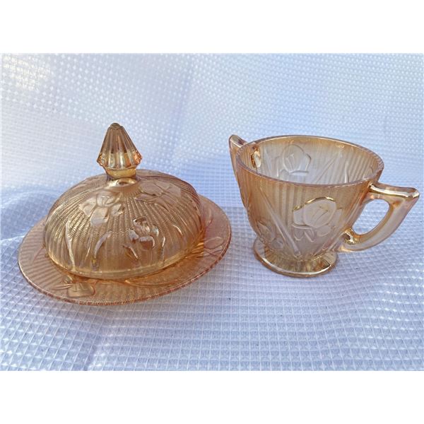 Jeannette Iridescent Iris Round Covered Butter Dish and Sugar Bowl