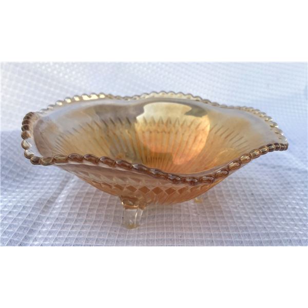 Jeanette Anniversary Marigold Carnival Glass 3 Footed Ribbed Candy Bowl Compote