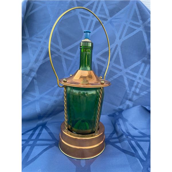 Vintage Copper Green Glass Decanter Bottle Music Box Lantern , TESTED AND WORKING