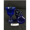 Image 1 : 3 Pcs. Blue Glass Collectibles - 5" Goblet, 4.5" Rooster & 4"H Inne Dispensable Bottle