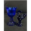 Image 2 : 3 Pcs. Blue Glass Collectibles - 5" Goblet, 4.5" Rooster & 4"H Inne Dispensable Bottle