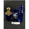 Image 1 : 3 Pcs. Vintage Collectible Blue Glass - 5.5" Bottle, 4" Disney Vase & 4.5" Perfume Bottle