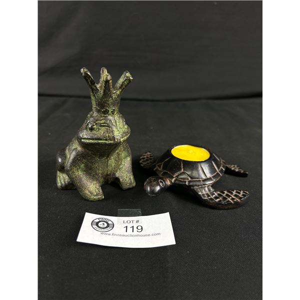 Vintage 4" Metal Crowned Frog & 5.5" Tea Light Turtle