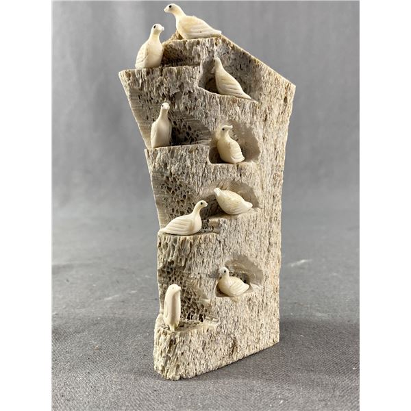 Vintage Whale Bone First Nations Sculpture Ivory Birds, Registered Eskimo Art Sculpture
