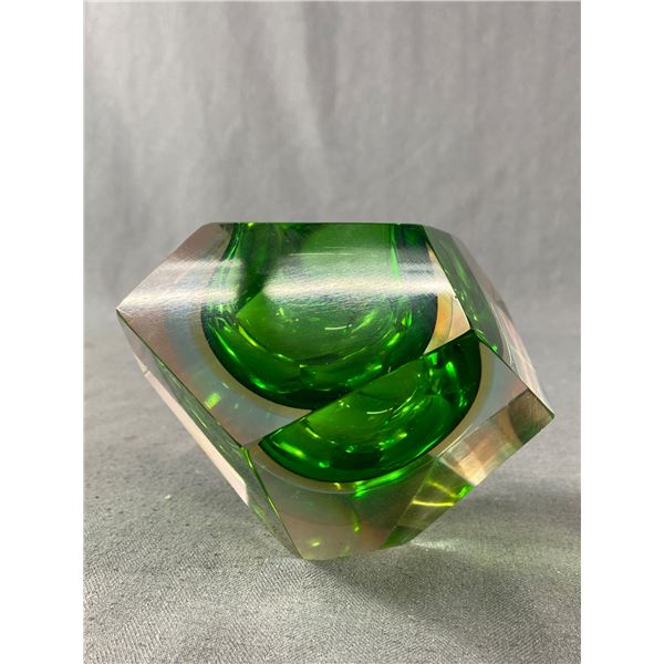 Vintage Murano Bevelled Green Glass Ashtray. Approx. 5" H x 6" W