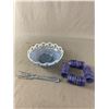 Image 1 : Vitnage 9" Blue Glass Bowl with Open Lace Edge, Blue Glass Serving Fork & Beaded Napkin Ring Set