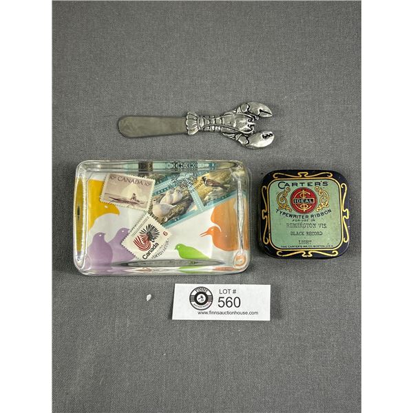 Vintage Lot - Carter's Ribbon 2.5" Tin, 5" x 3" Stamps Paperweight & 5" L "Lobster" Butter Knife