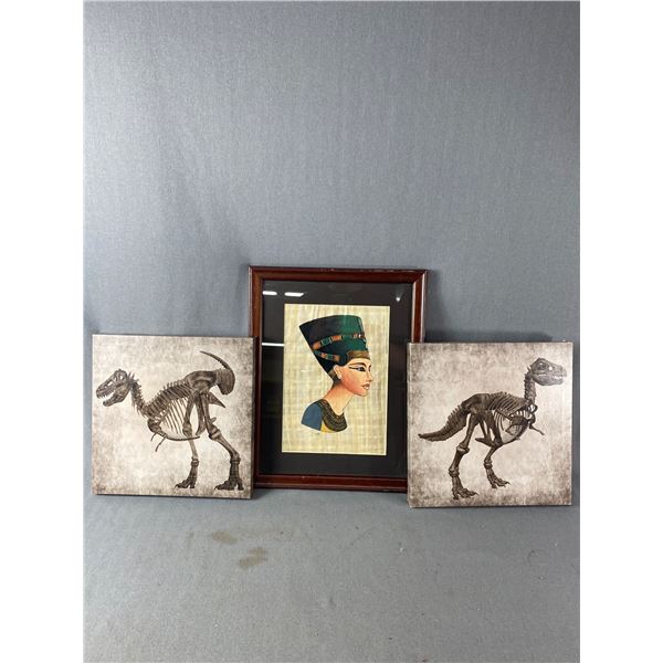 3 Decorative Pictures - (2) 12  x 12  Dinosaur Canvas Prints & Egyptian 13.5  x 17  Framed Print
