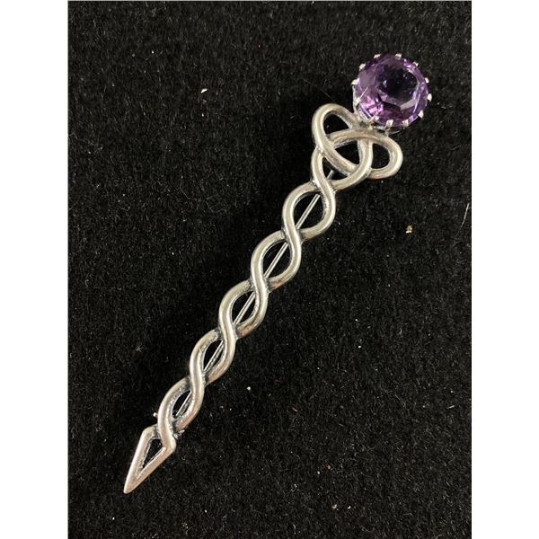 Vintage Sterling Silver Genuine Amethyst Celtic Weave Kilt Pin Brooch - 3 1/4", 9.8 Grams - Marked S