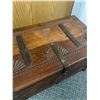 Image 2 : Nice Vintage Carved Wood Chest w/ Split Hinged Lid & Metal Accents. Approx. 21" x 12.5" x 12"H