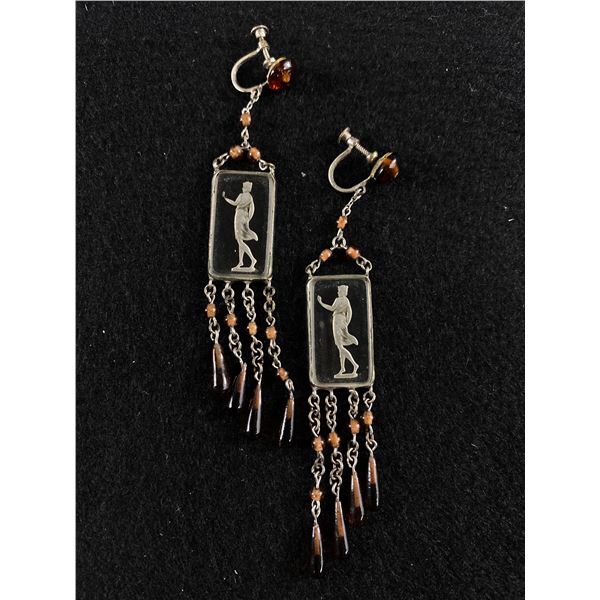 Antique Exquisite Dangling Earrings w/Lovely Women Portrayed in Glass Very Rare