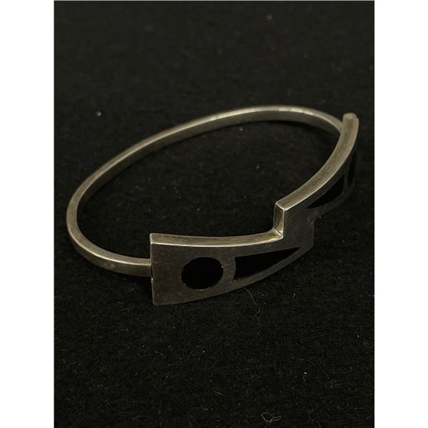 Sterling Silver w/ Black Onyx Inlay Hinged Bangle Tested and Marked 925