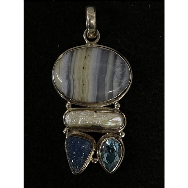 Large Heavy Sterling Silver (Tested) Pendant w/ Genuine Pearl + Gem Stones, Marked MD 925