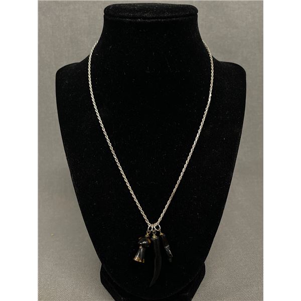Sterling Silver Chain w/ 3 Genuine Carved Black Coral Pendants
