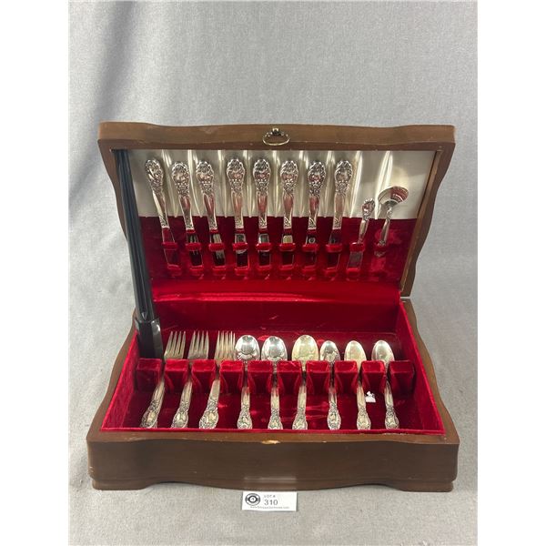 Vintage Wood Storage Case w/ Community  Ballad  Cutlery. Approx. 16.5  x 11  x 4.25 