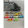 Image 2 : Plastic Transport Truck Approx. 22"L w/ Assortment Of Die-Cast Metal Collectible Cars