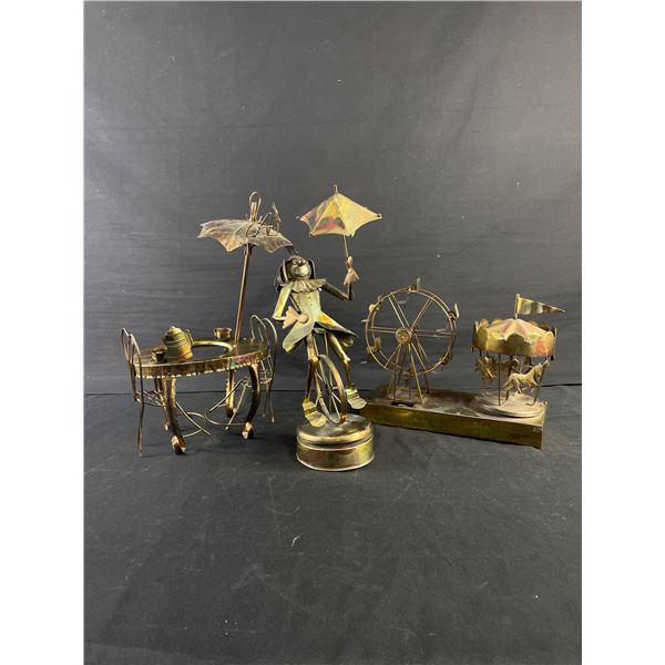 Lot Of 3 Decorative Metal Art Pieces - Musical Ferris Wheel/Carousel (8"x10"), 13.5"H Table & 13.5" 