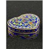 Image 2 : Vintage Hand Painted Enambled Cloisonne Hinged Metal Heart Shaped Trinket Box. Approx. 2" x 1.5" x .