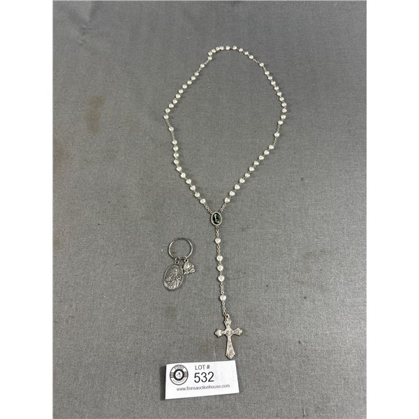 Vintage Rosary w/ Crucifix Cross + St Terese Pendant w/ Rose Charm