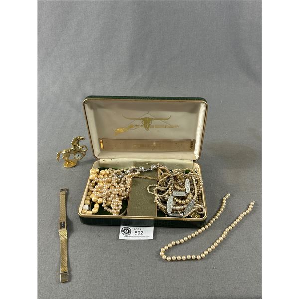 Vintage Hard Case Western Style Jewelry Box w/Assorted Vintage Jewelry . Approx. 8.5" x 6" x 1.75"
