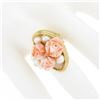 Image 3 : Vintage 14K Gold Carved Angel Skin Coral Pearl Rose Flower Bouquet Cocktail Ring