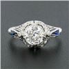 Image 3 : Antique Art Deco Platinum GIA European Diamond Sapphire Filigree Engagement Ring