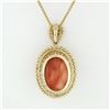 Image 4 : Vintage 14k Gold Oval Cabochon Coral Open Beaded Frame Pendant w/ Chain Necklace