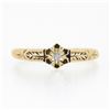 Image 4 : Petite Antique 14K Gold Buttercup Prong Set Diamond Solitaire Hand Engraved Ring