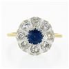 Image 4 : Antique FRENCH 18k TT Gold GIA NO HEAT Sapphire & Diamond Flower Cluster Ring
