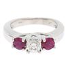Image 2 : 14k White Gold 3 Stone Engagement Ring w/ Ctr Round Diamond & 2 Blood Red Rubies