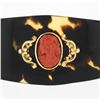 Image 2 : Antique 18k Yellow Gold Bezel Carved Coral Center Black Stone Wide Cuff Bracelet