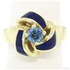 Image 4 : Vintage 14K Yellow Gold FINE Aquamarine & Blue Enamel Trinity Knot Cocktail Ring