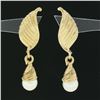 Image 2 : 14K Yellow Gold Grooved Textured Wing Feather White Pearl Drop Dangle Earrings