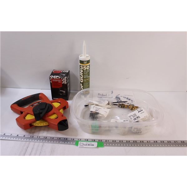 Lot: Lufkin 30M Measuring Tape, White Silicone Sealant, Motomaster Oil Filter, Water Supply Connecto