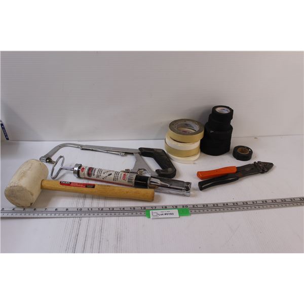 Tool Lot: Rubber Mallet, Paint Roller Washer Tool, Saw, Tape, Electrical Wire Cutters