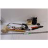 Image 1 : Tool Lot: Rubber Mallet, Paint Roller Washer Tool, Saw, Tape, Electrical Wire Cutters