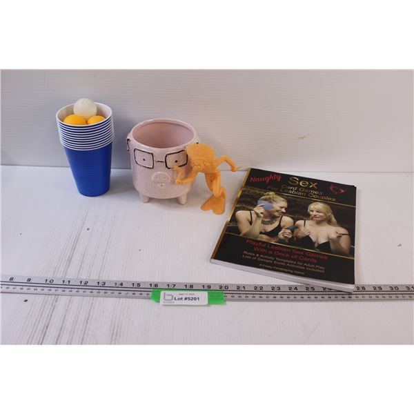 Beer Pong, Piggy Planter, Lesbian Card Games Book & Louis Marx Indigenous Figurine