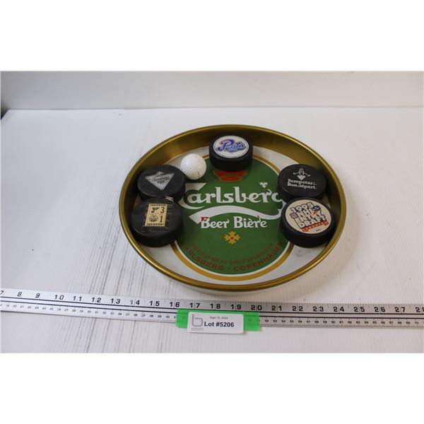 Carlsberg Beer Serving Tray & (5) Hockey Pucks