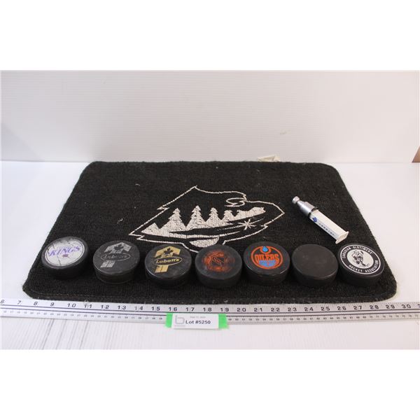 Small Rug, (7) Hockey Pucks & Stanley Cup PEZ Dispenser