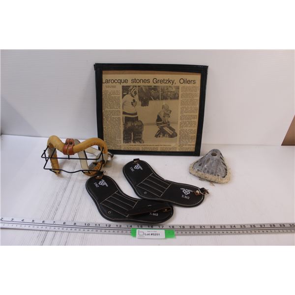 Lacroque & Gretzky Newspaper Clipping, Vintage Cup, Assorted Hockey Equipment